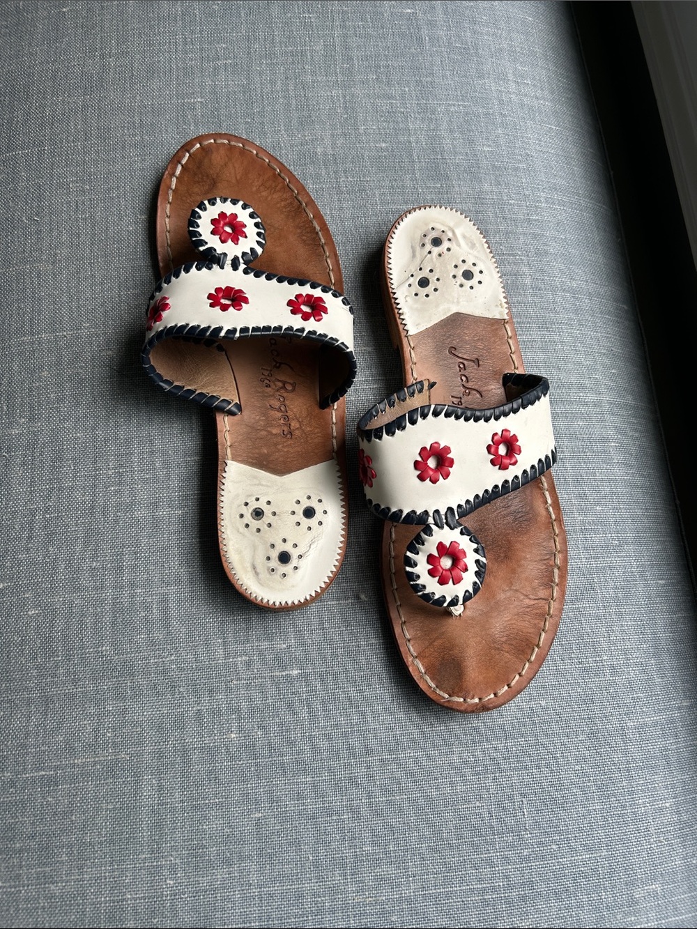 Jack Rogers White Leather Slide Sandals with Red Flower Accents